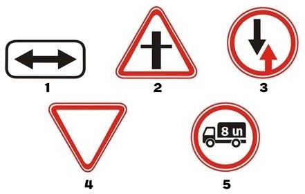 Which sign requires yielding to vehicles moving on the crossing road?